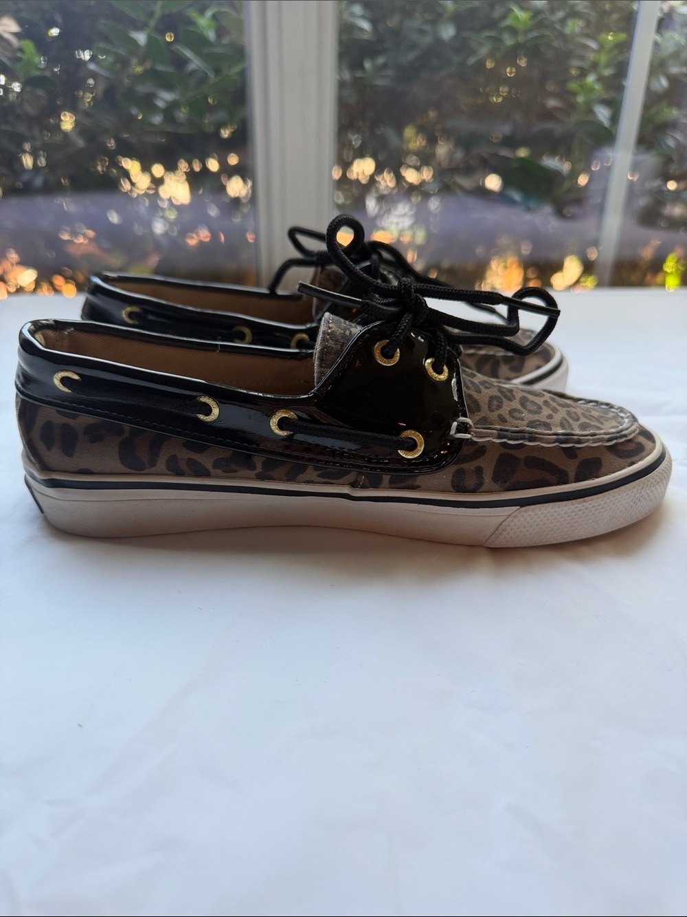 🐆 Sperry Top-Sider Biscayne Leopard Print Black Patent Boat Shoes - Women's 5